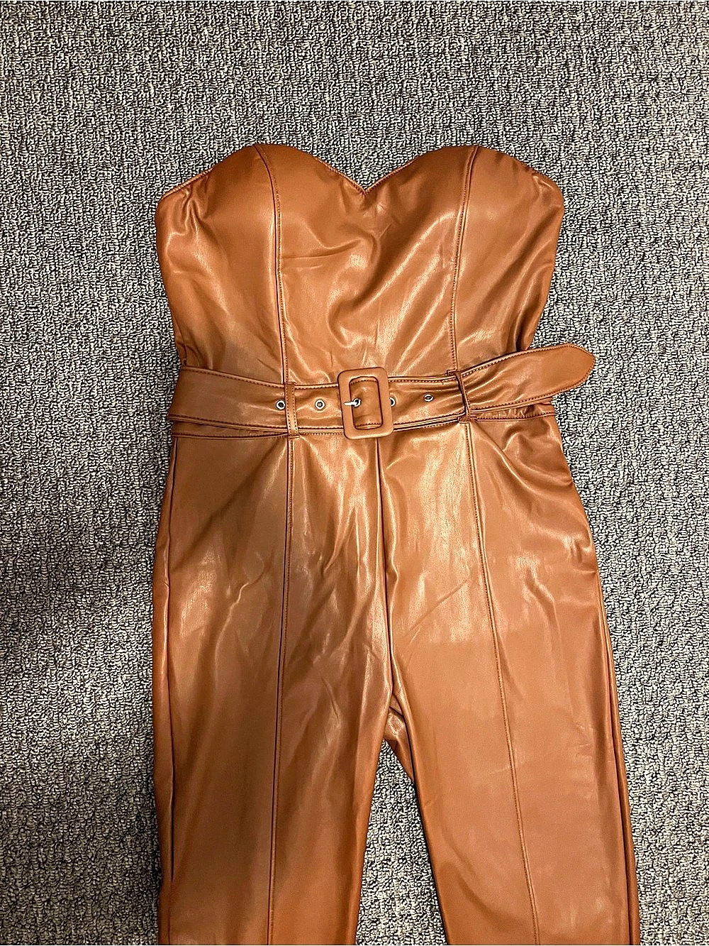Haute Monde Faux Leather Strapless Jumpsuit in Brown / Cognac Size Large Like Ne